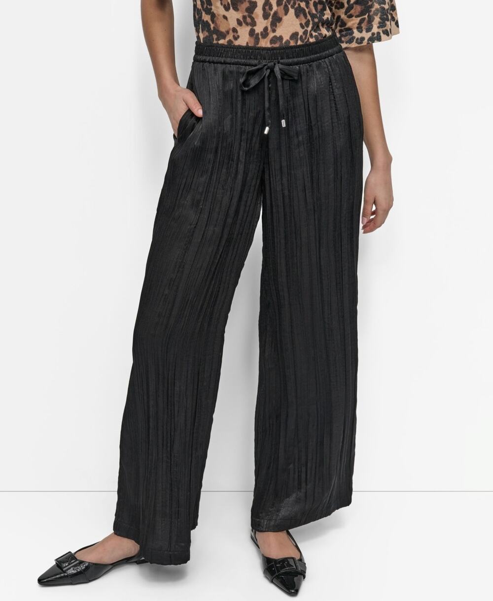 DKNY Women's Crushed Crease Wide-Leg Pants Black Size S 0840